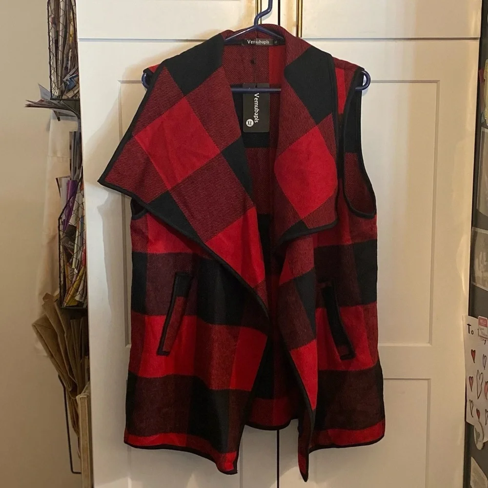 Cabin Core Cozy Red Black Buffalo Check Plaid Open Front Vest Winter Holiday - Picture 3 of 7
